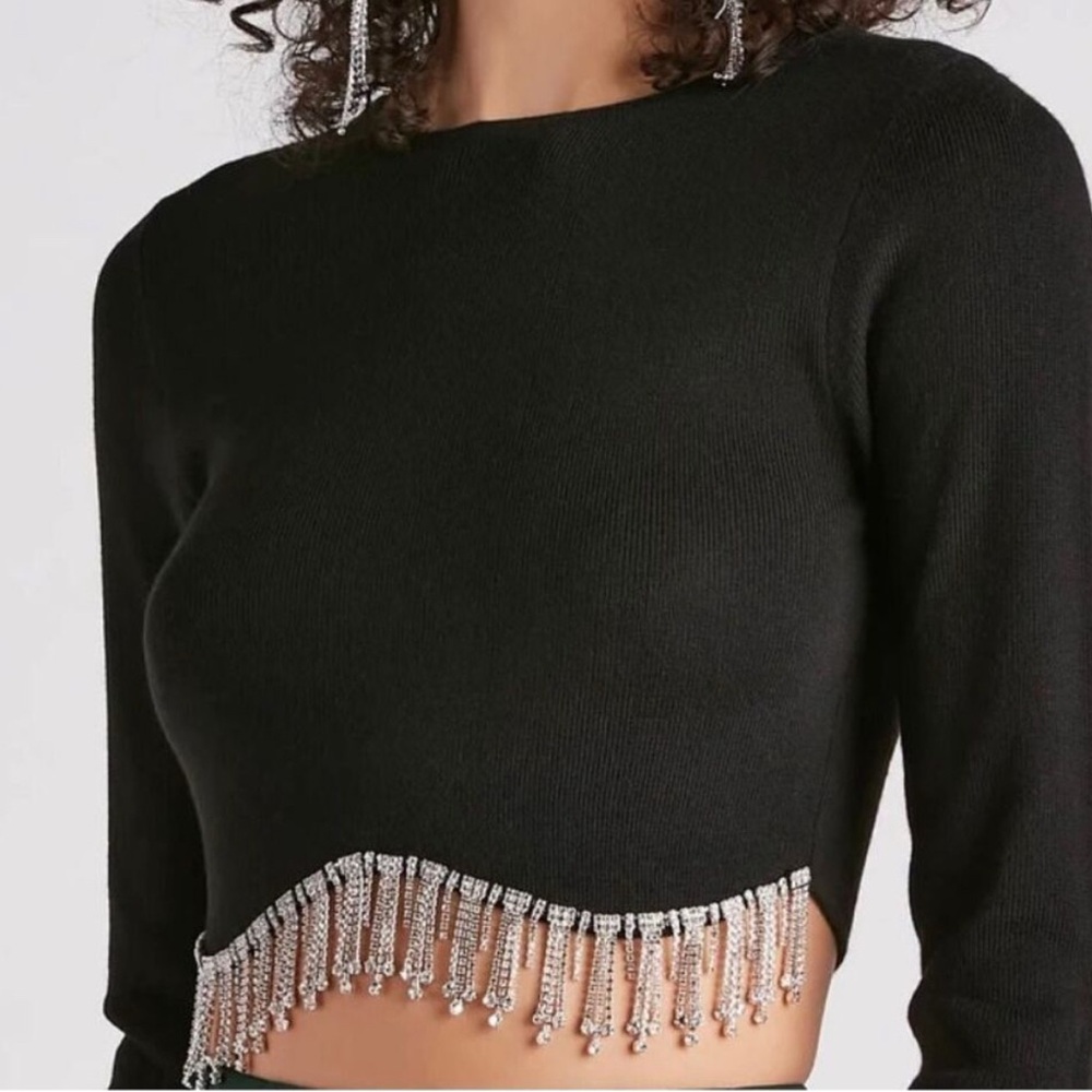 Windsor Black Crop Top with Silver Beaded Fringe
